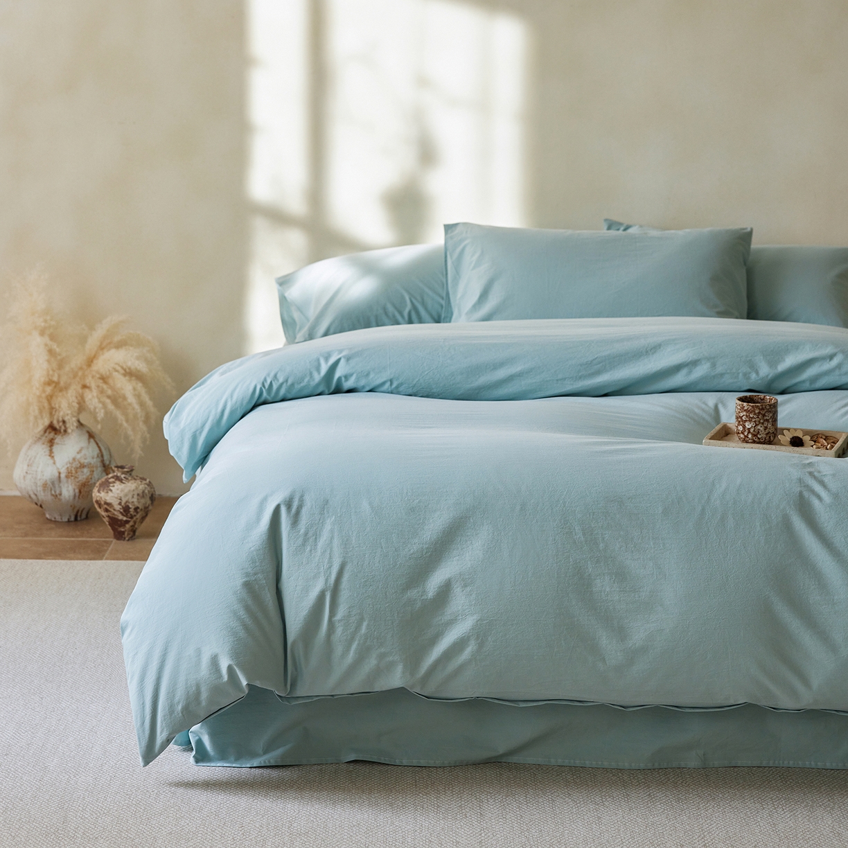 91家纺网 家纺一手货源 找家纺 轩和家居 2025新款全棉高支旧感砂洗长绒棉单被套 松石绿