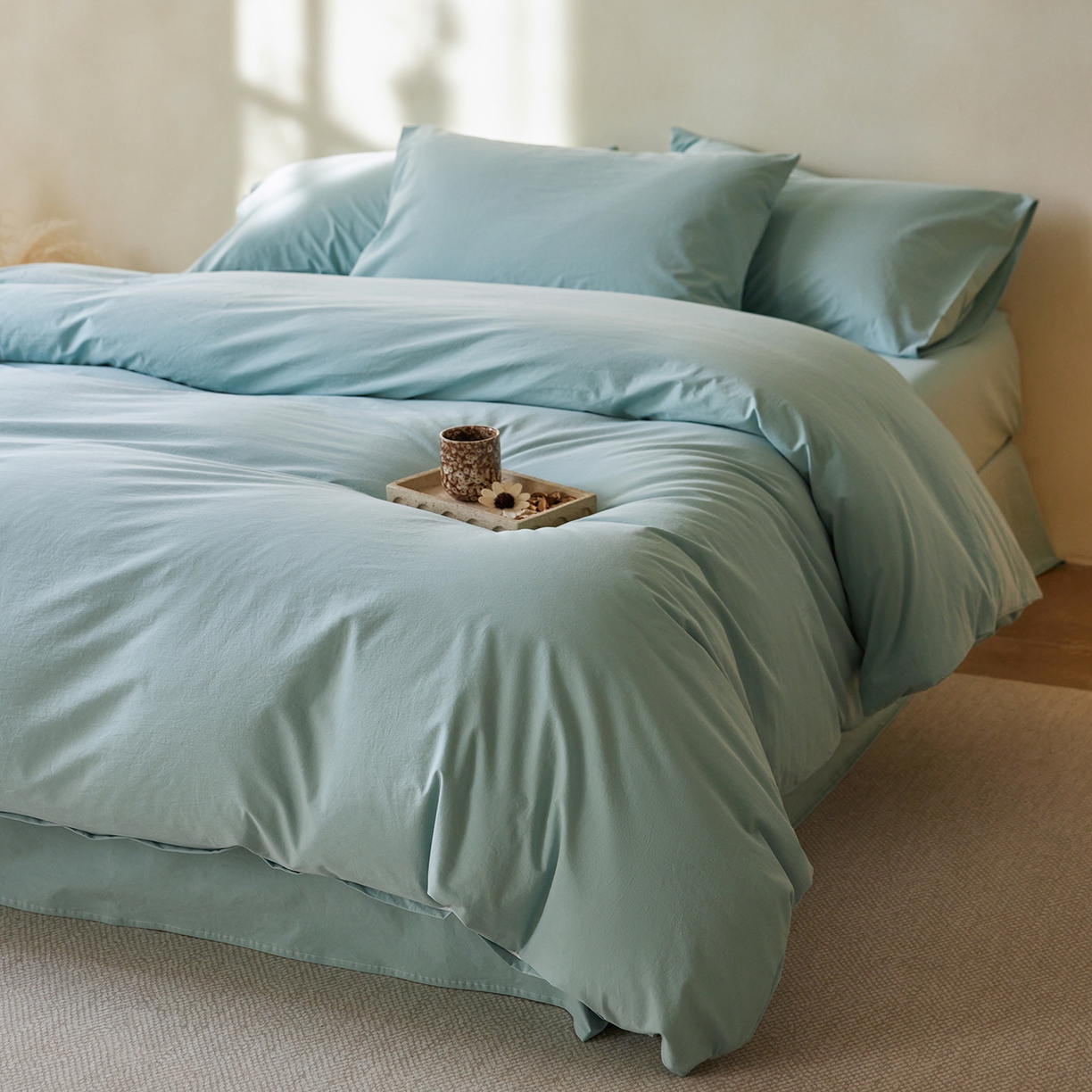 91家纺网 家纺一手货源 找家纺 轩和家居 2025新款全棉高支旧感砂洗长绒棉单被套 松石绿