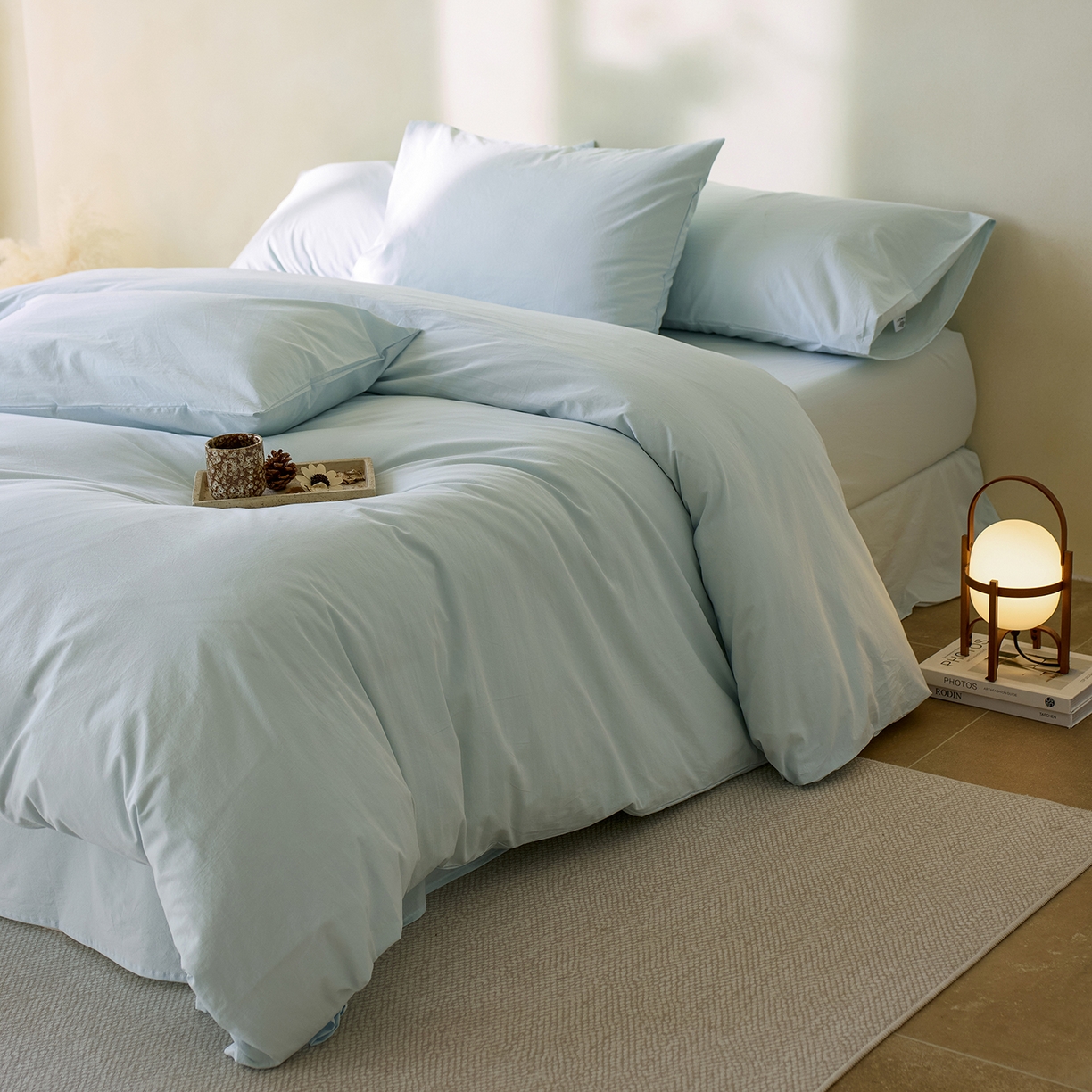 91家纺网 家纺一手货源 找家纺 轩和家居 2025新款全棉高支旧感砂洗长绒棉单被套 天空蓝