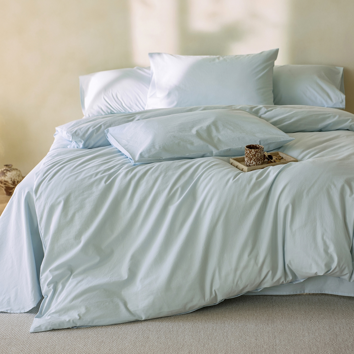 91家纺网 家纺一手货源 找家纺 轩和家居 2025新款全棉高支旧感砂洗长绒棉单被套 天空蓝