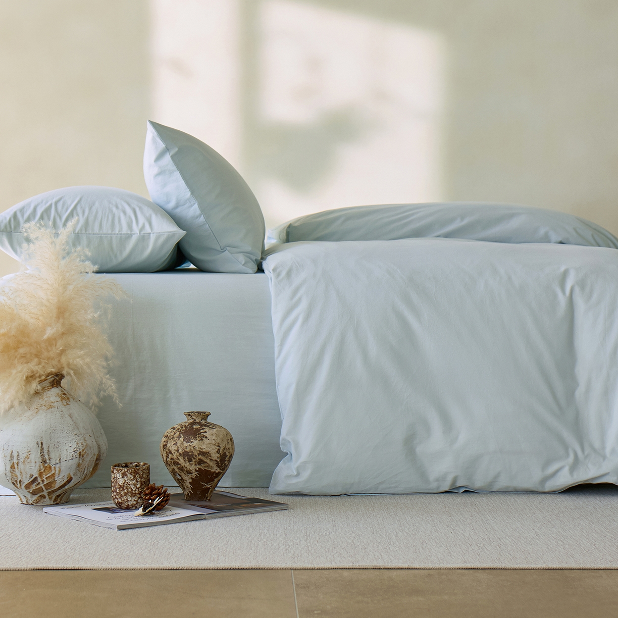 91家纺网 家纺一手货源 找家纺 轩和家居 2025新款全棉高支旧感砂洗长绒棉单被套 天空蓝