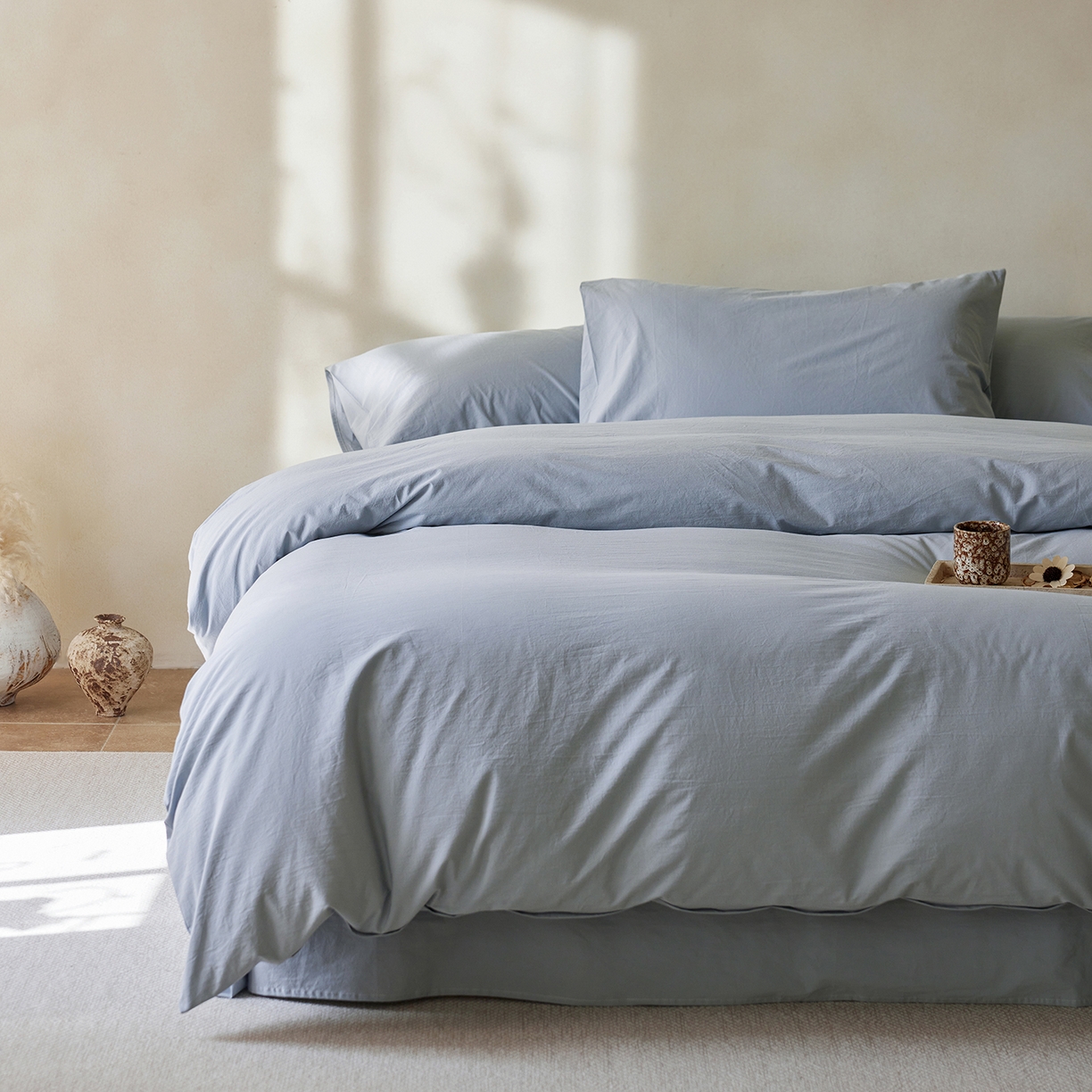 91家纺网 家纺一手货源 找家纺 轩和家居 2025新款全棉高支旧感砂洗长绒棉单被套 雾海蓝