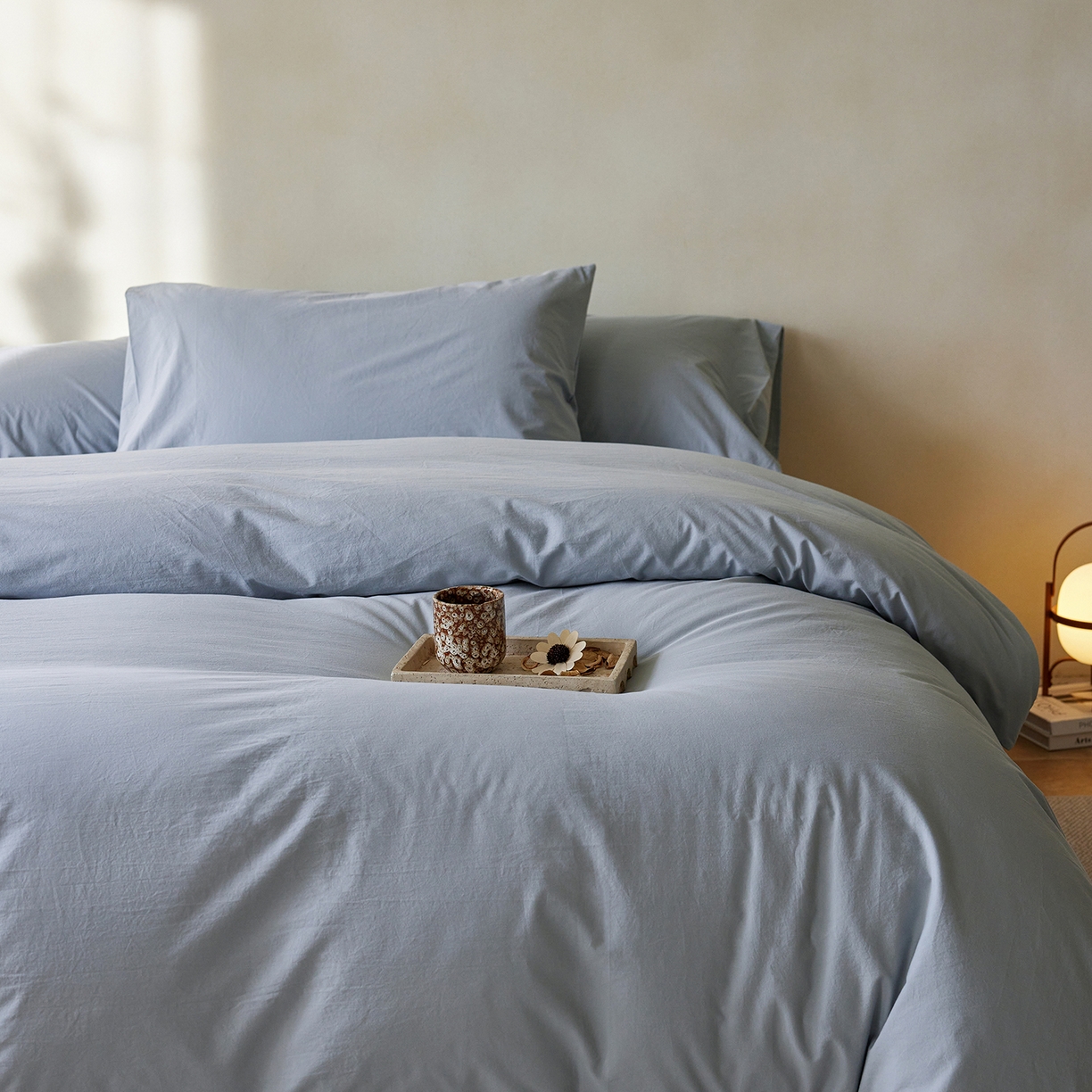 91家纺网 家纺一手货源 找家纺 轩和家居 2025新款全棉高支旧感砂洗长绒棉单被套 雾海蓝