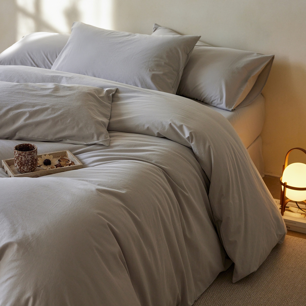 轩和家居 2025新款全棉高支旧感砂洗长绒棉单被套 细雨灰