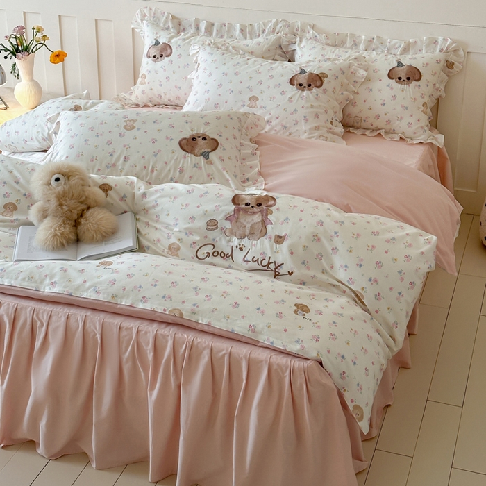 91家纺网 家纺一手货源 找家纺 （总）咏绒家纺工厂店 2025新款全棉卡通刺绣荷叶边床裙款四件套