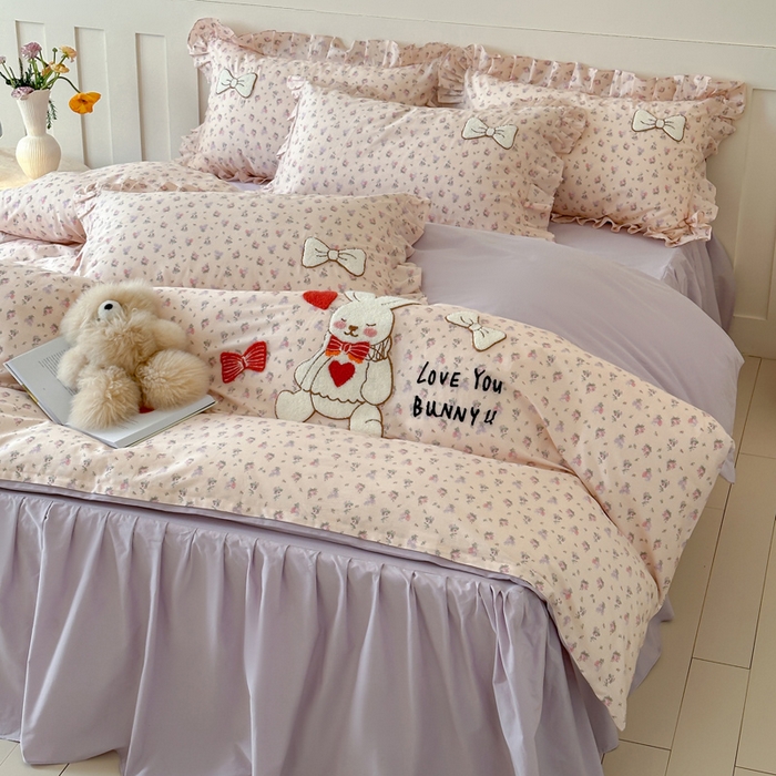 91家纺网 家纺一手货源 找家纺 （总）咏绒家纺工厂店 2025新款全棉卡通刺绣荷叶边床裙款四件套