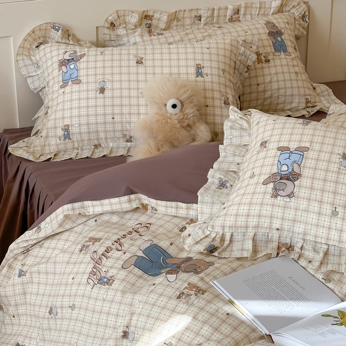 91家纺网 家纺一手货源 找家纺 （总）咏绒家纺工厂店 2025新款全棉卡通刺绣荷叶边床裙款四件套