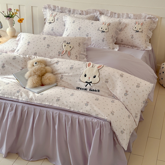 91家纺网 家纺一手货源 找家纺 （总）咏绒家纺工厂店 2025新款全棉卡通刺绣荷叶边床裙款四件套