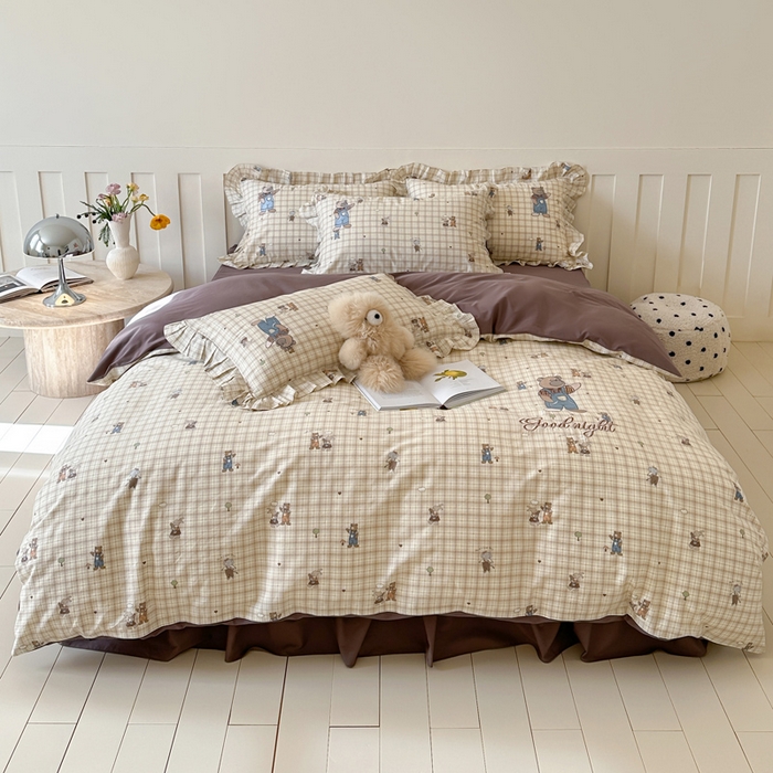 91家纺网 家纺一手货源 找家纺 （总）咏绒家纺工厂店 2025新款全棉卡通刺绣荷叶边床裙款四件套