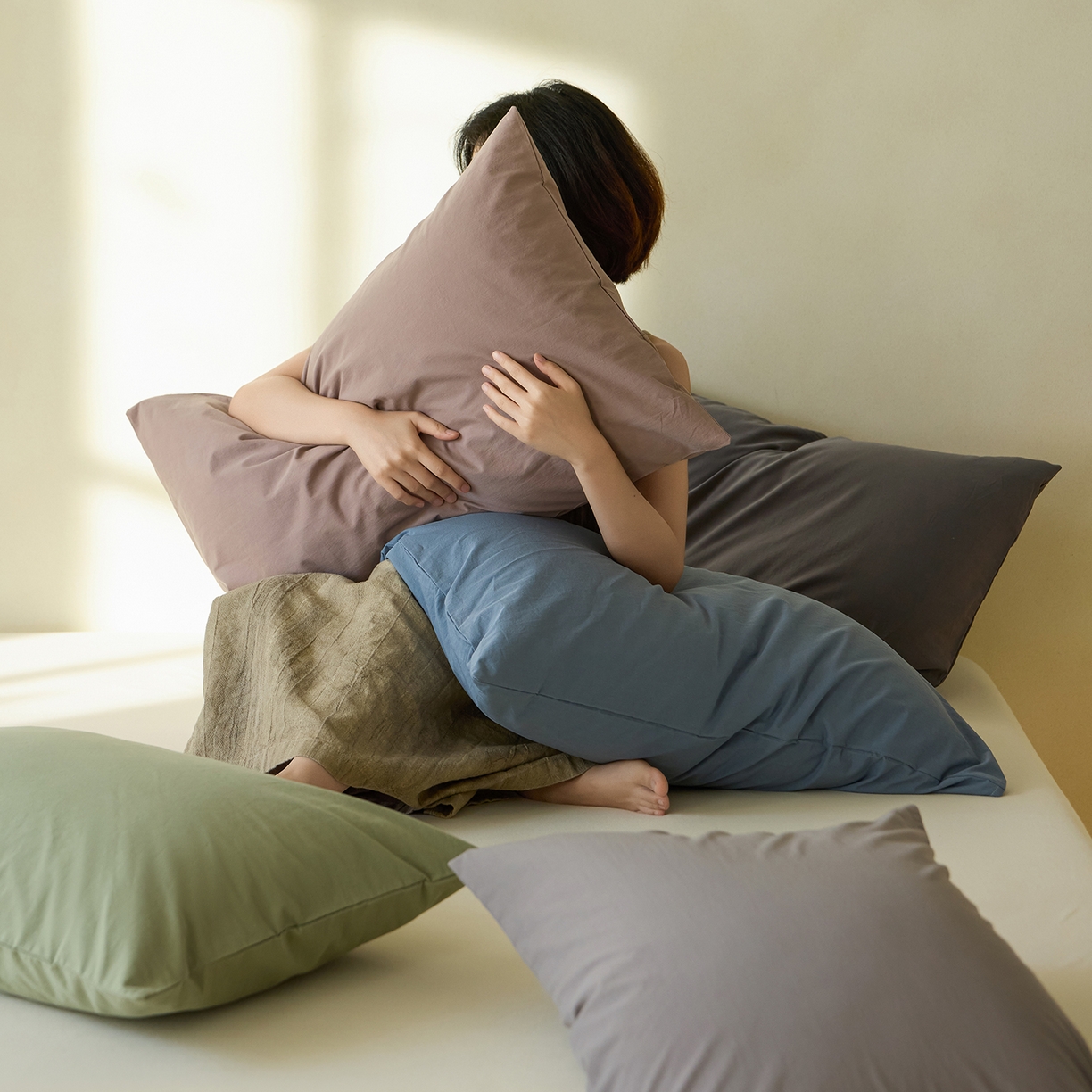 轩和家居 2025新款全棉高支旧感砂洗长绒棉单枕套 组合