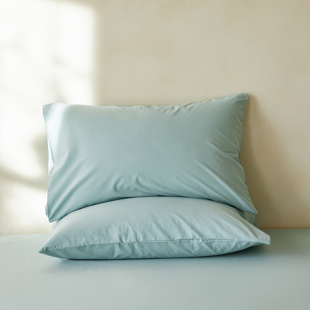 91家纺网 家纺一手货源 找家纺 轩和家居 2025新款全棉高支旧感砂洗长绒棉单枕套 松石绿