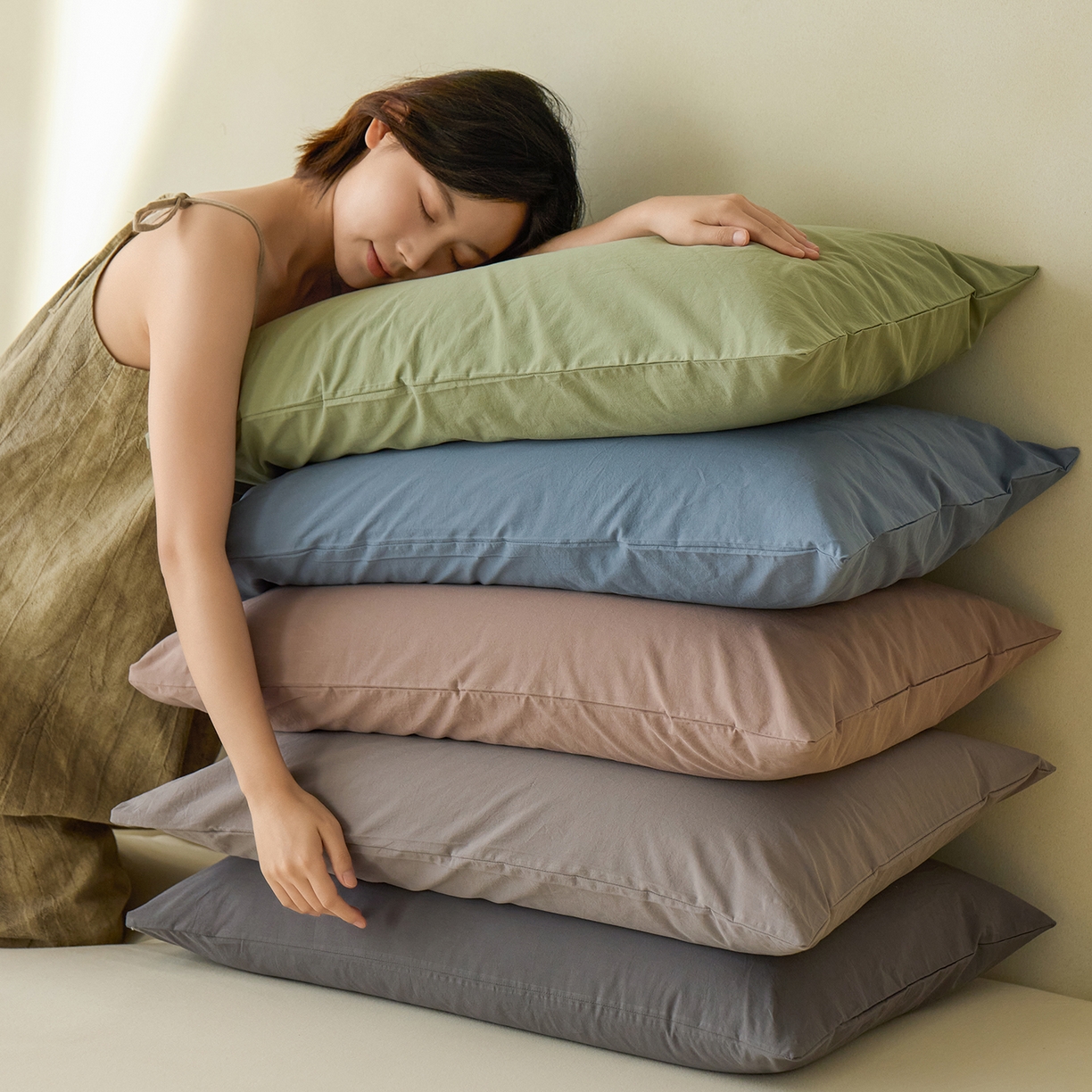 91家纺网 家纺一手货源 找家纺 轩和家居 2025新款全棉高支旧感砂洗长绒棉单枕套 组合