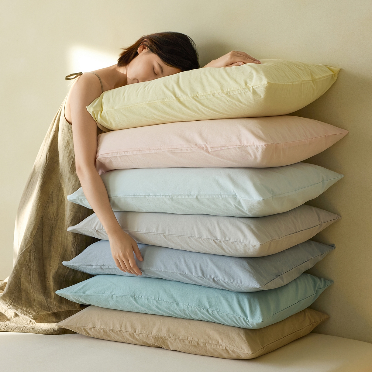 91家纺网 家纺一手货源 找家纺 轩和家居 2025新款全棉高支旧感砂洗长绒棉单枕套 组合