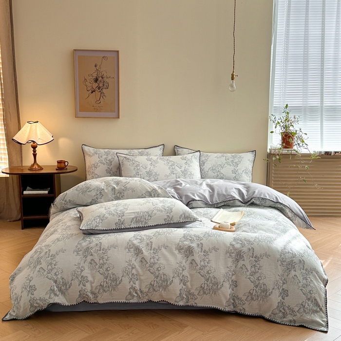 91家纺网 家纺一手货源 找家纺 （总）咏绒家纺工厂店 2025新款贝壳绣全棉A类三层纱提花款四件套