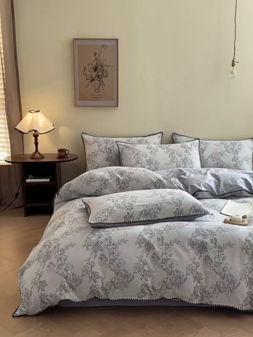 91家纺网 家纺一手货源 找家纺 （总）咏绒家纺工厂店 2025新款贝壳绣全棉A类三层纱提花款四件套