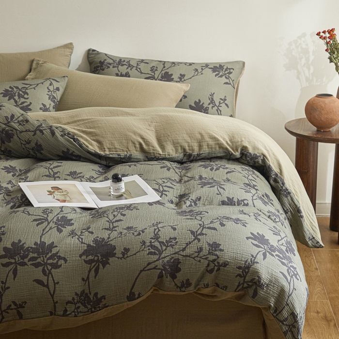 91家纺网 家纺一手货源 找家纺 （总）咏绒家纺工厂店 2025新款全棉双层皱皱纱现代中古风数码四件套