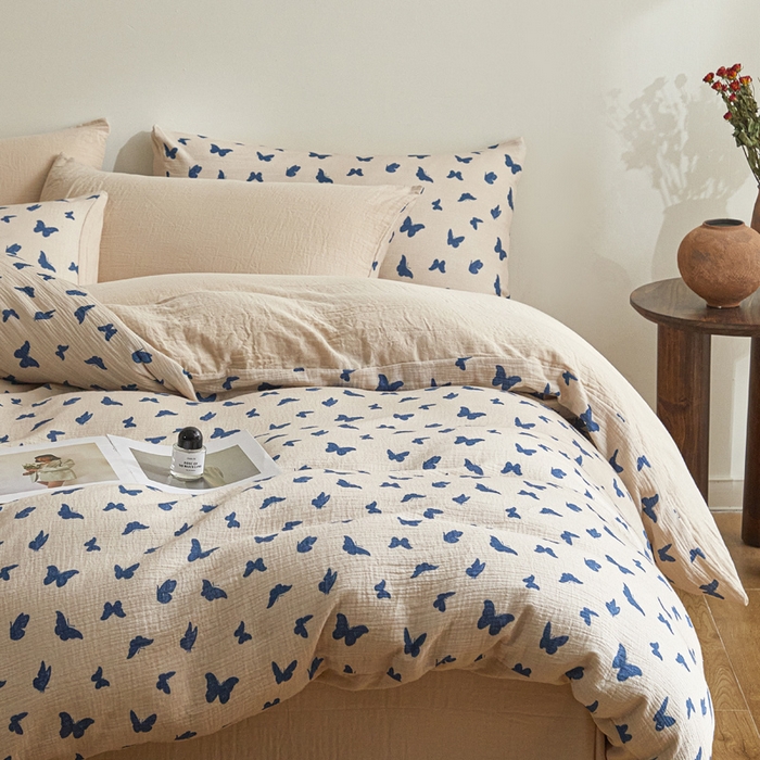 91家纺网 家纺一手货源 找家纺 （总）咏绒家纺工厂店 2025新款全棉双层皱皱纱现代中古风数码四件套