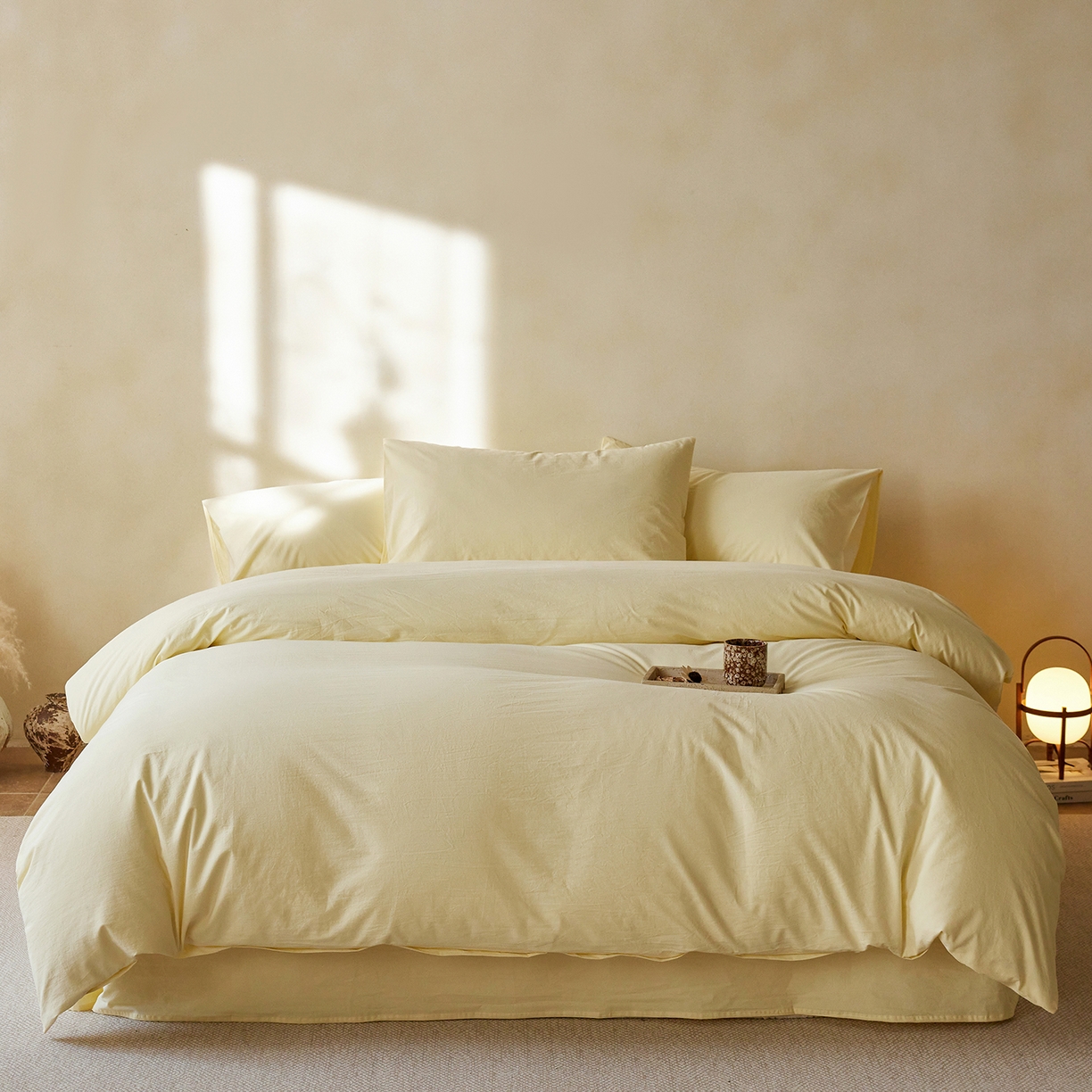 轩和家居 2025新款全棉高支旧感砂洗长绒棉四件套 淡黄色
