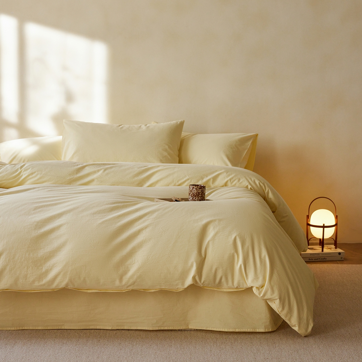 91家纺网 家纺一手货源 找家纺 轩和家居 2025新款全棉高支旧感砂洗长绒棉四件套 淡黄色