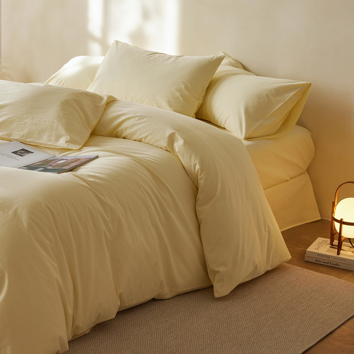 91家纺网 家纺一手货源 找家纺 轩和家居 2025新款全棉高支旧感砂洗长绒棉四件套 淡黄色