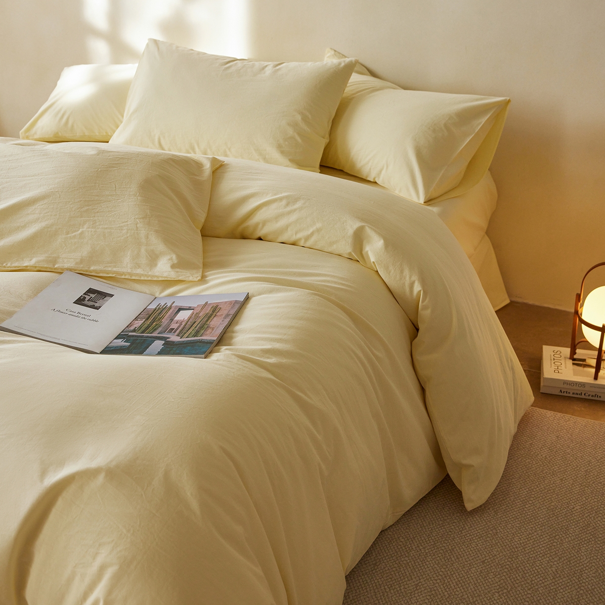 91家纺网 家纺一手货源 找家纺 轩和家居 2025新款全棉高支旧感砂洗长绒棉四件套 淡黄色