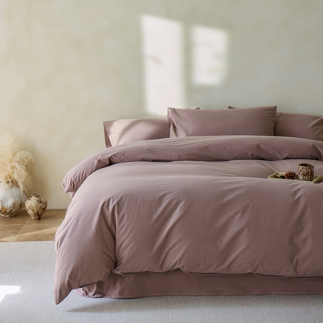 91家纺网 家纺一手货源 找家纺 轩和家居 2025新款全棉高支旧感砂洗长绒棉四件套 豆沙色