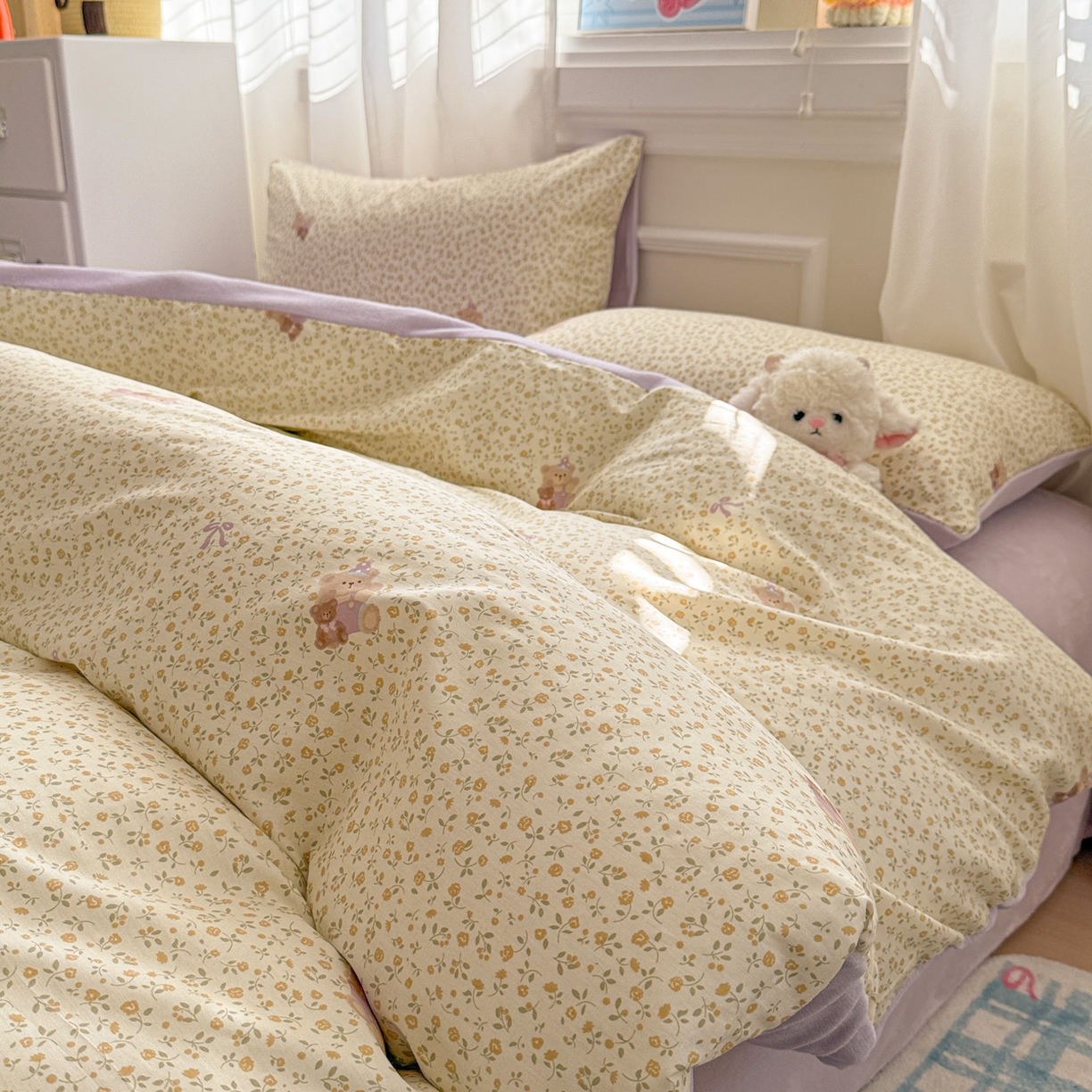 91家纺网 家纺一手货源 找家纺 呗旺鹿 2025新款卡通棉+绒牛奶绒棉绒四件套 闹钟麦田