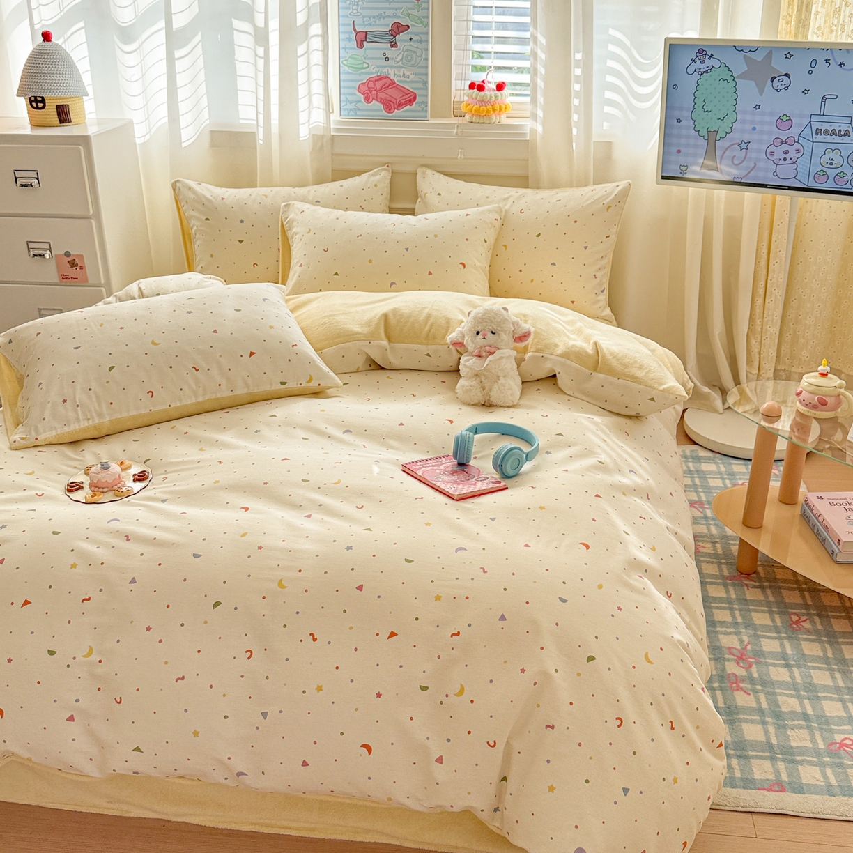 91家纺网 家纺一手货源 找家纺 呗旺鹿 2025新款卡通棉+绒牛奶绒棉绒四件套 快乐魔法