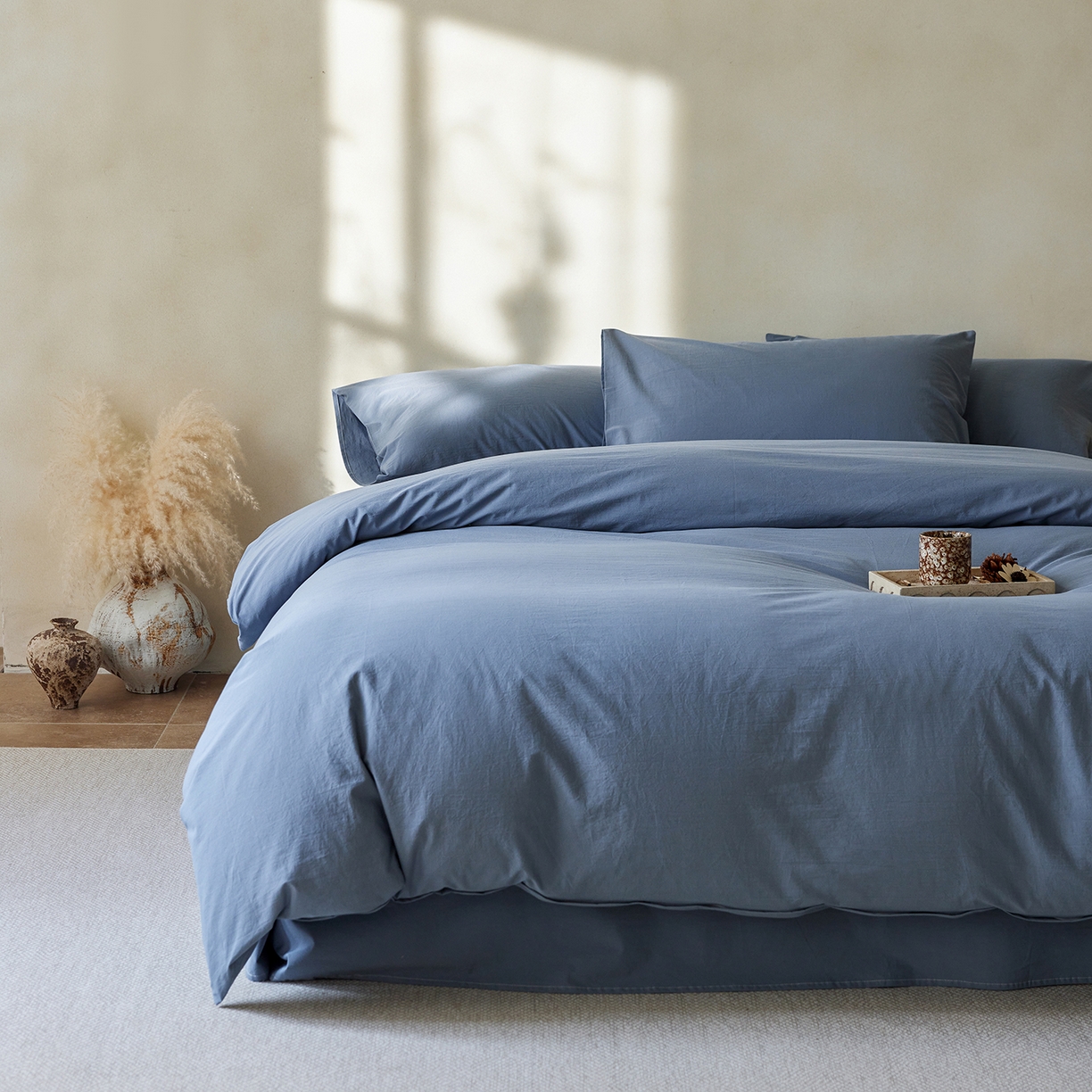 91家纺网 家纺一手货源 找家纺 轩和家居 2025新款全棉高支旧感砂洗长绒棉四件套 霁兰色