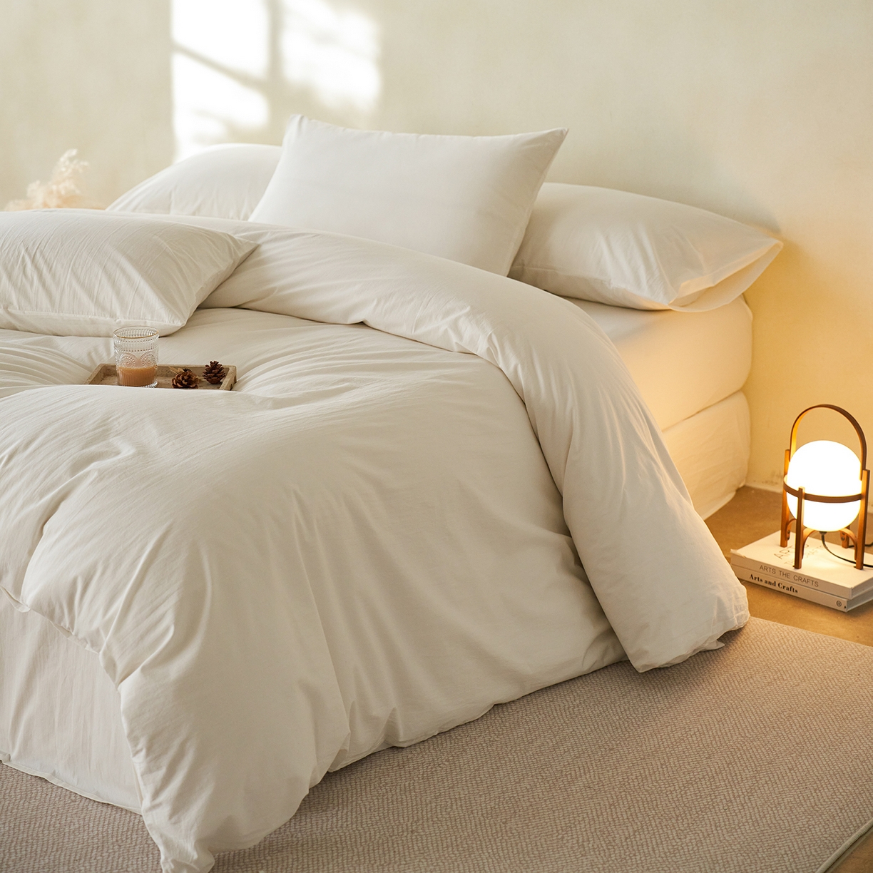 91家纺网 家纺一手货源 找家纺 轩和家居 2025新款全棉高支旧感砂洗长绒棉四件套 浅云白