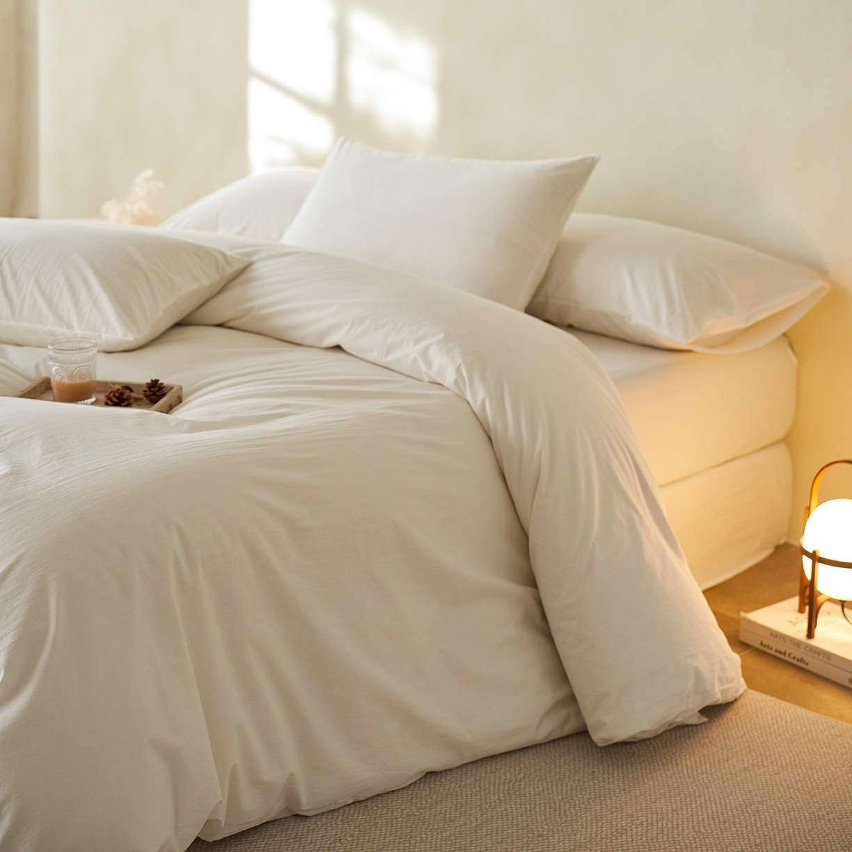 91家纺网 家纺一手货源 找家纺 轩和家居 2025新款全棉高支旧感砂洗长绒棉四件套 浅云白