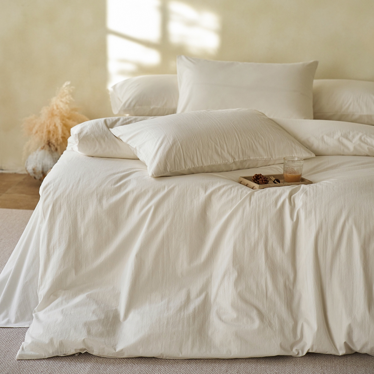 91家纺网 家纺一手货源 找家纺 轩和家居 2025新款全棉高支旧感砂洗长绒棉四件套 浅云白