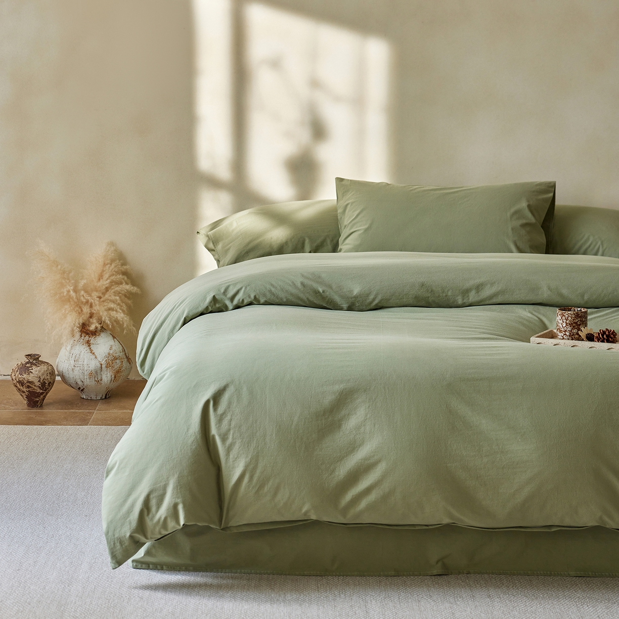 91家纺网 家纺一手货源 找家纺 轩和家居 2025新款全棉高支旧感砂洗长绒棉四件套 青绿色