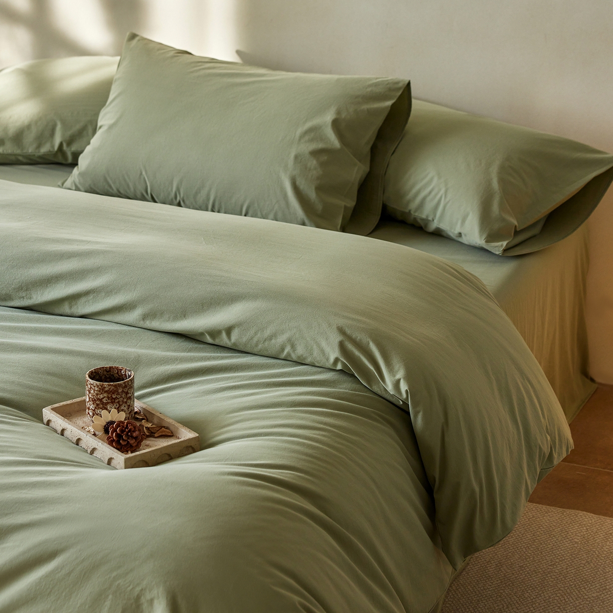 91家纺网 家纺一手货源 找家纺 轩和家居 2025新款全棉高支旧感砂洗长绒棉四件套 青绿色