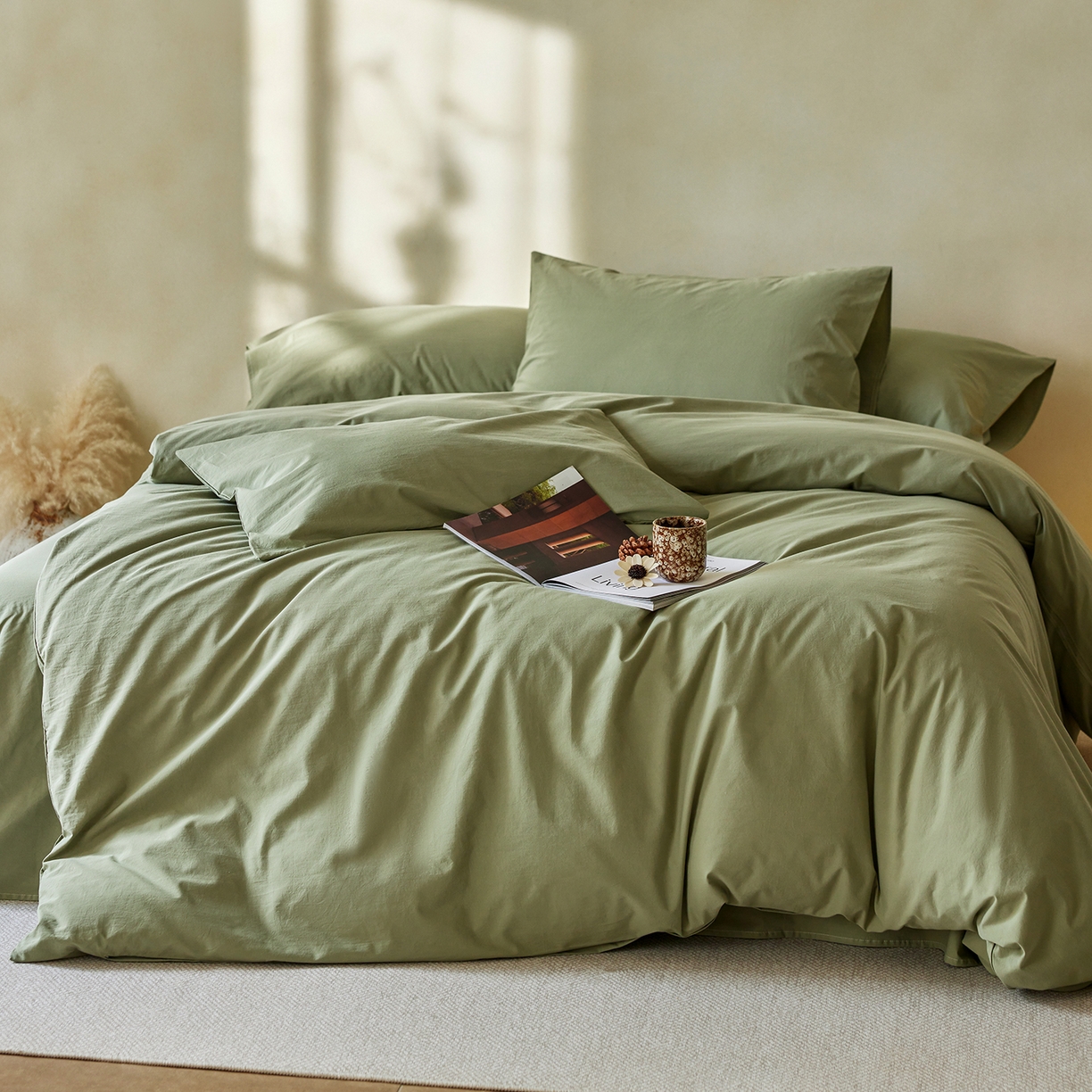 91家纺网 家纺一手货源 找家纺 轩和家居 2025新款全棉高支旧感砂洗长绒棉四件套 青绿色