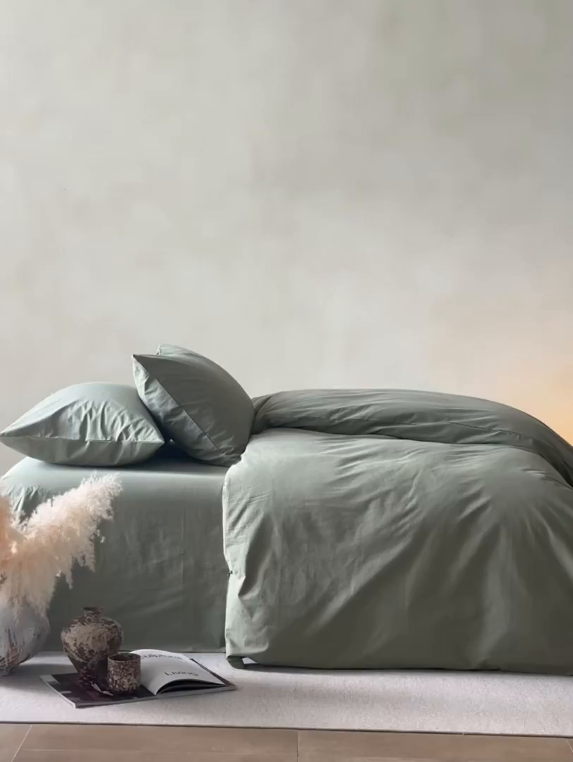 91家纺网 家纺一手货源 找家纺 轩和家居 2025新款全棉高支旧感砂洗长绒棉四件套 青绿色