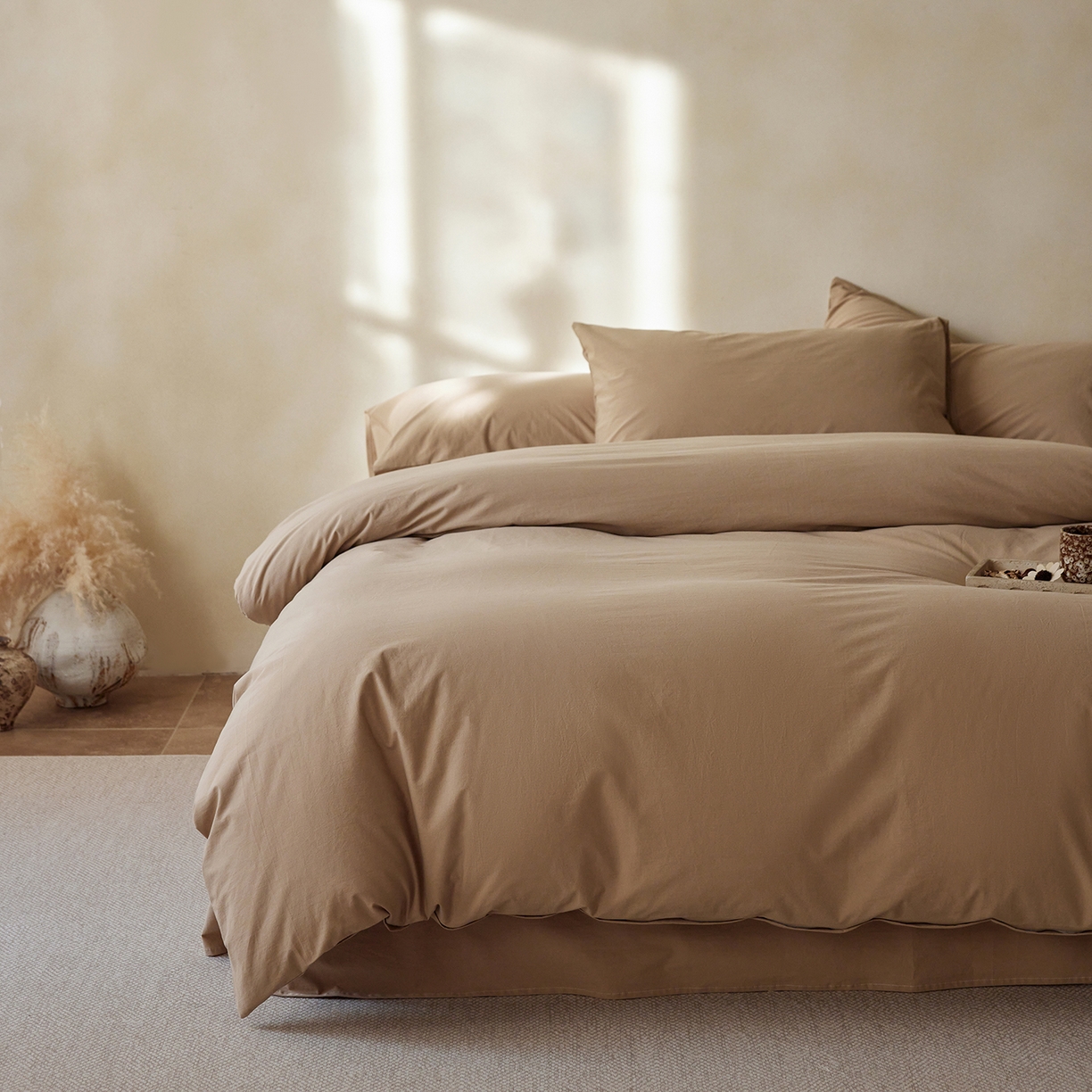 91家纺网 家纺一手货源 找家纺 轩和家居 2025新款全棉高支旧感砂洗长绒棉四件套 秋麦色