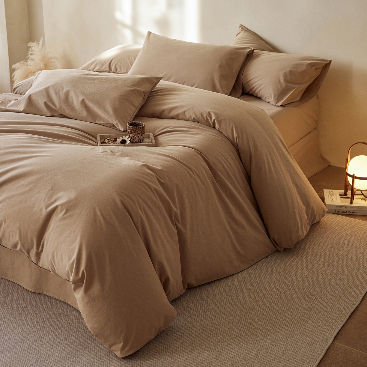 91家纺网 家纺一手货源 找家纺 轩和家居 2025新款全棉高支旧感砂洗长绒棉四件套 秋麦色