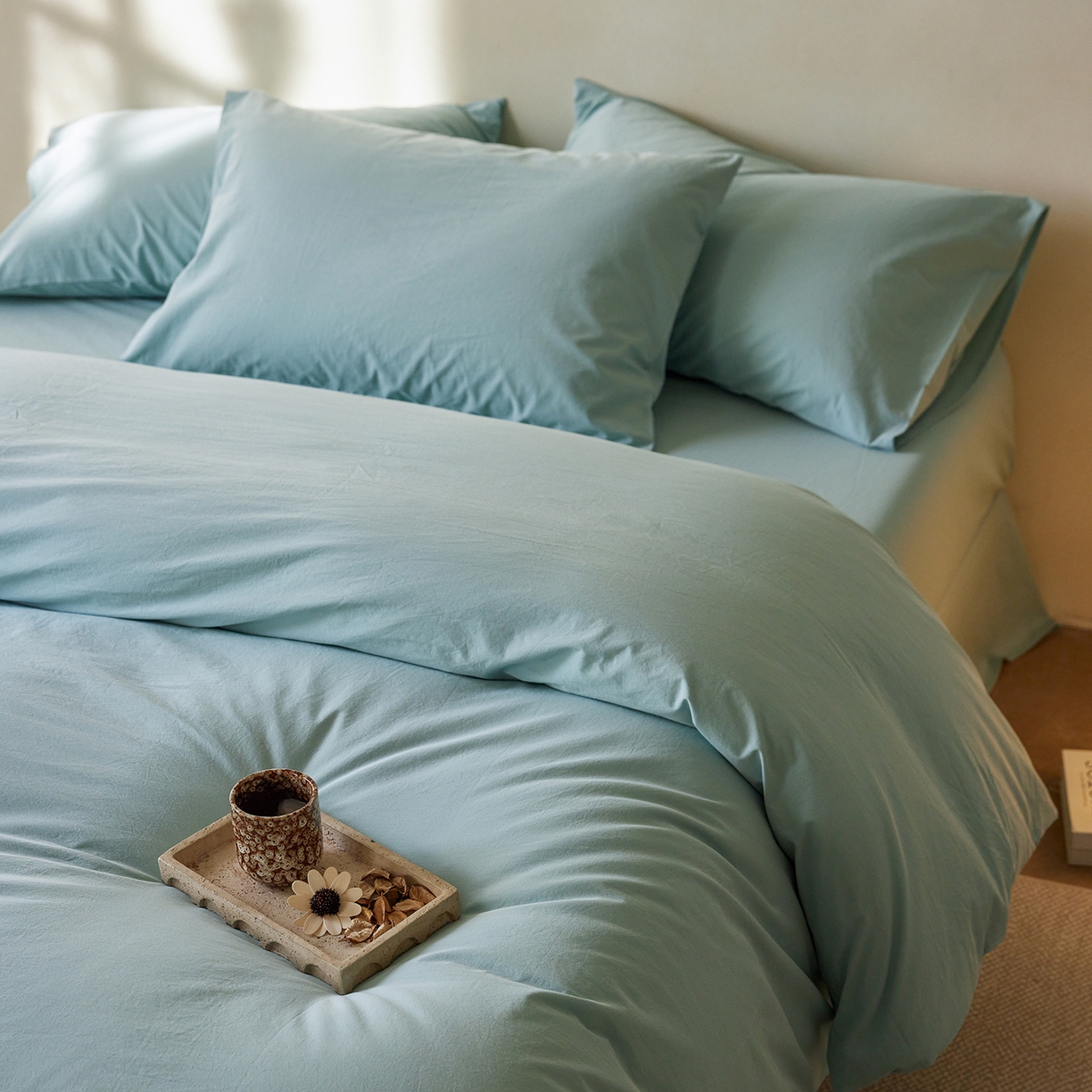 91家纺网 家纺一手货源 找家纺 轩和家居 2025新款全棉高支旧感砂洗长绒棉四件套 松石绿