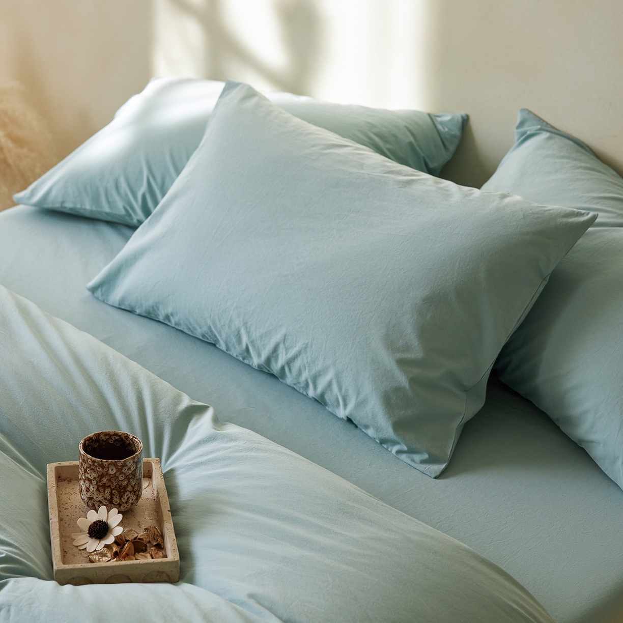 91家纺网 家纺一手货源 找家纺 轩和家居 2025新款全棉高支旧感砂洗长绒棉四件套 松石绿