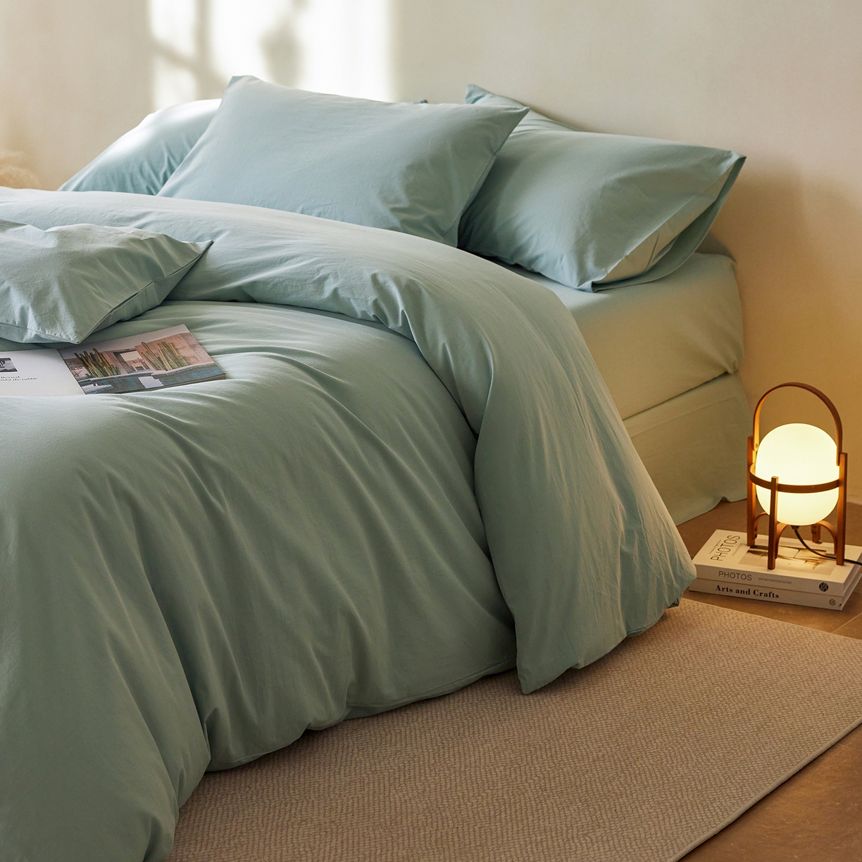 91家纺网 家纺一手货源 找家纺 轩和家居 2025新款全棉高支旧感砂洗长绒棉四件套 松石绿