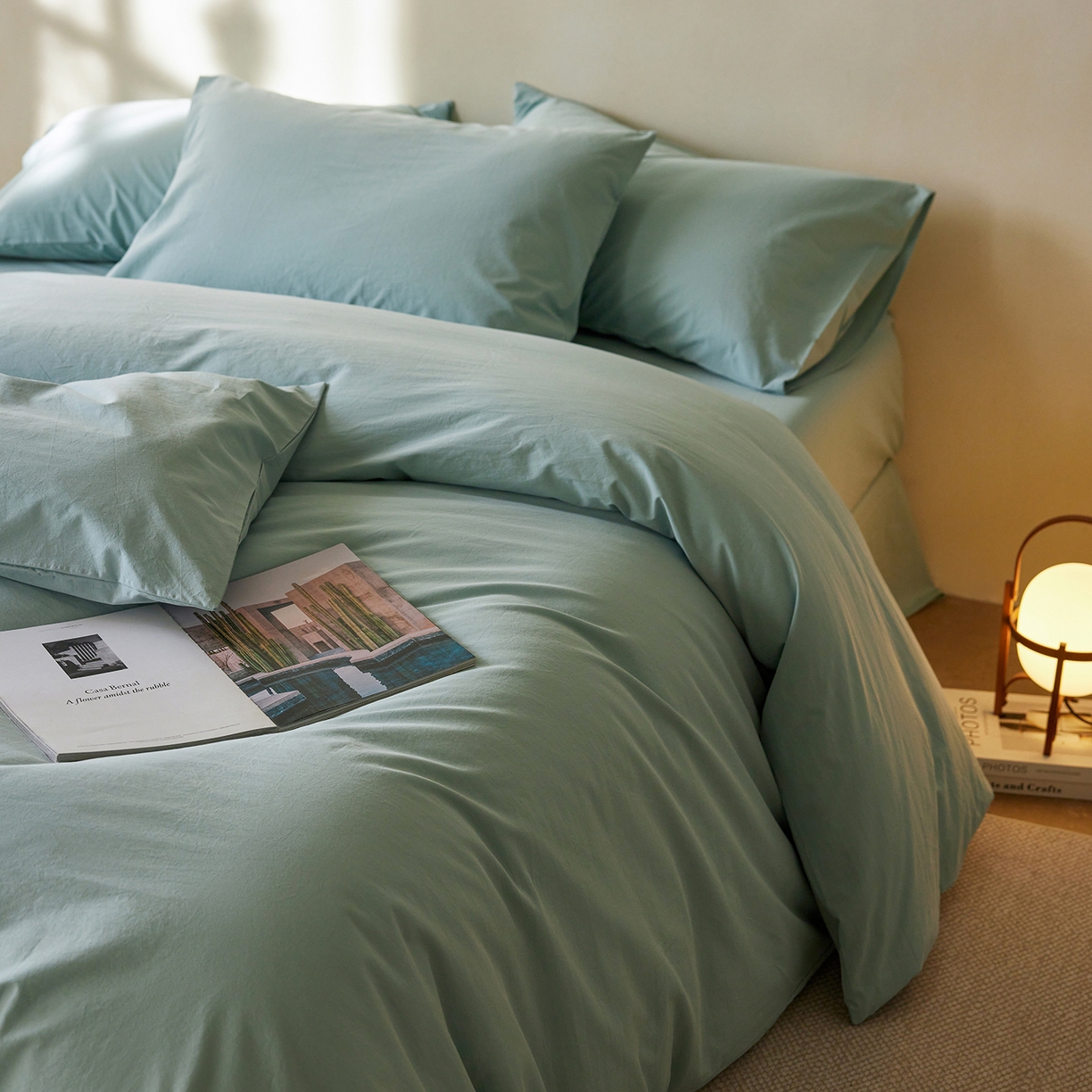 91家纺网 家纺一手货源 找家纺 轩和家居 2025新款全棉高支旧感砂洗长绒棉四件套 松石绿