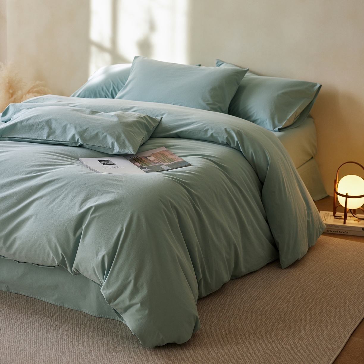 91家纺网 家纺一手货源 找家纺 轩和家居 2025新款全棉高支旧感砂洗长绒棉四件套 松石绿