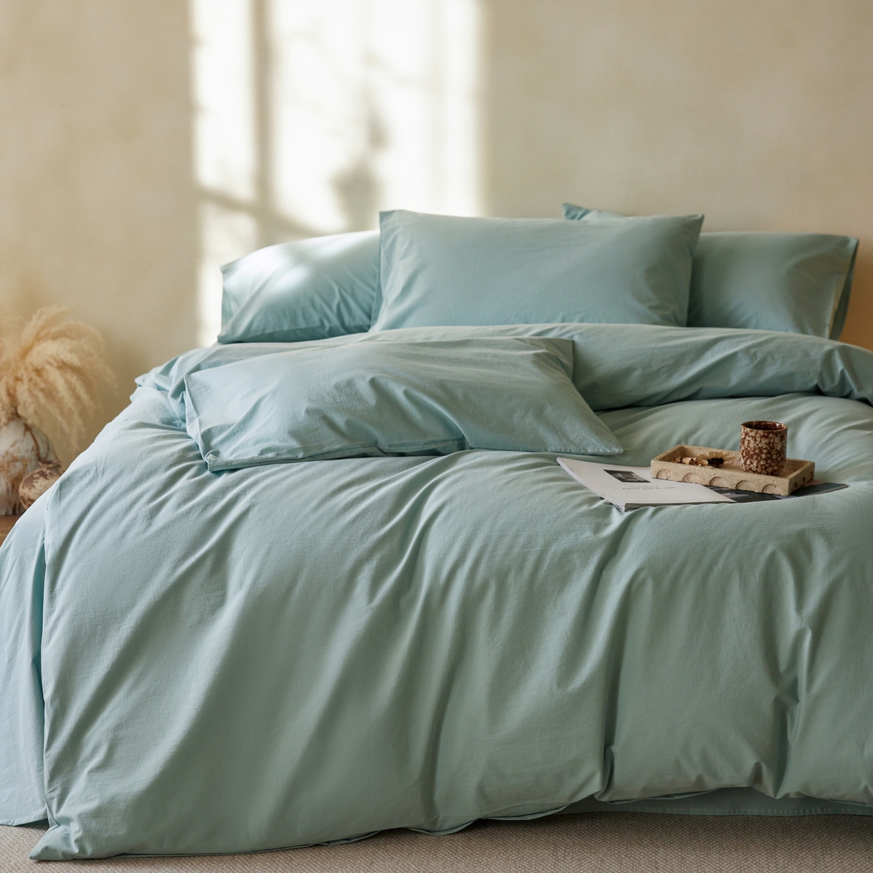 91家纺网 家纺一手货源 找家纺 轩和家居 2025新款全棉高支旧感砂洗长绒棉四件套 松石绿