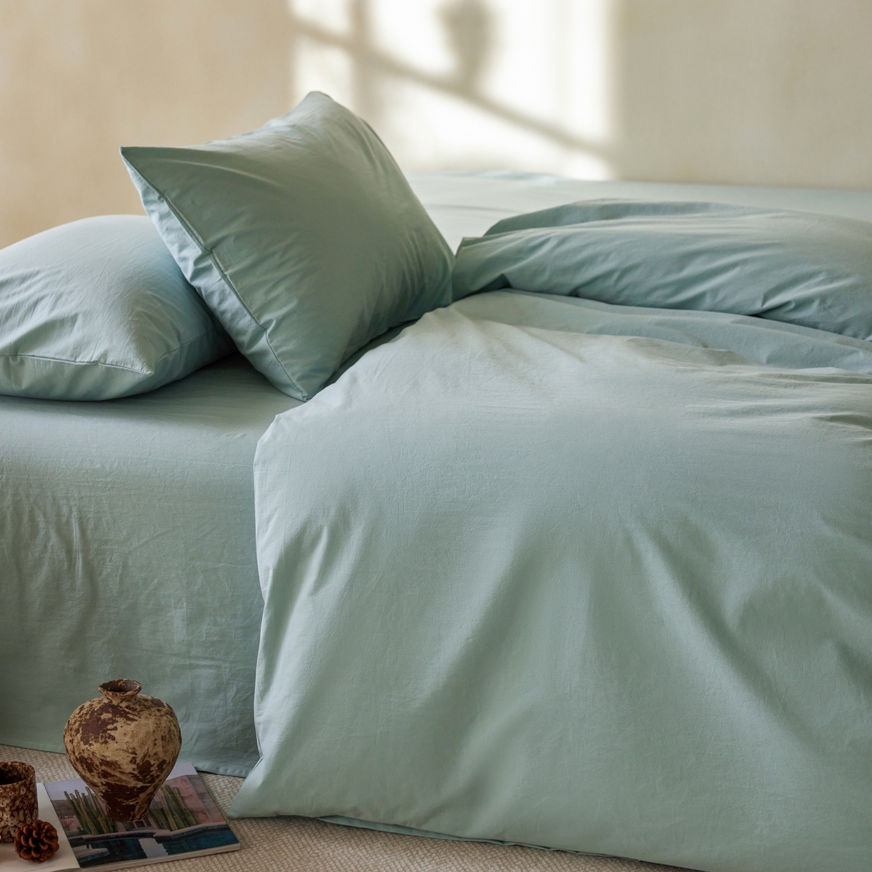 91家纺网 家纺一手货源 找家纺 轩和家居 2025新款全棉高支旧感砂洗长绒棉四件套 松石绿