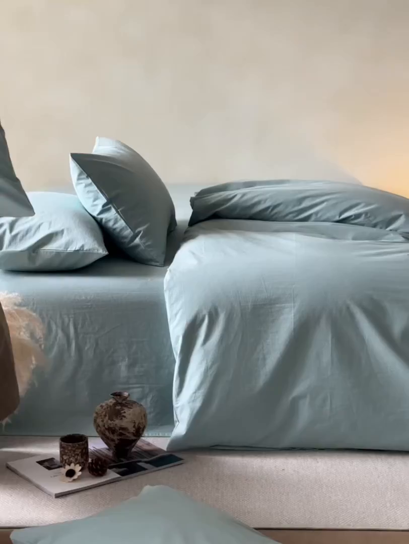 91家纺网 家纺一手货源 找家纺 轩和家居 2025新款全棉高支旧感砂洗长绒棉四件套 松石绿