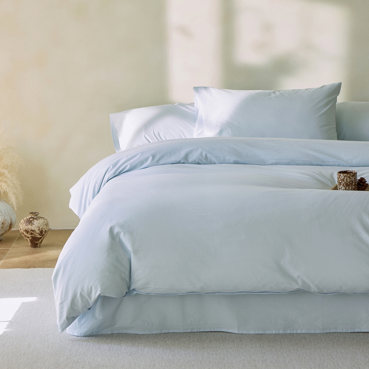 91家纺网 家纺一手货源 找家纺 轩和家居 2025新款全棉高支旧感砂洗长绒棉四件套 天空蓝