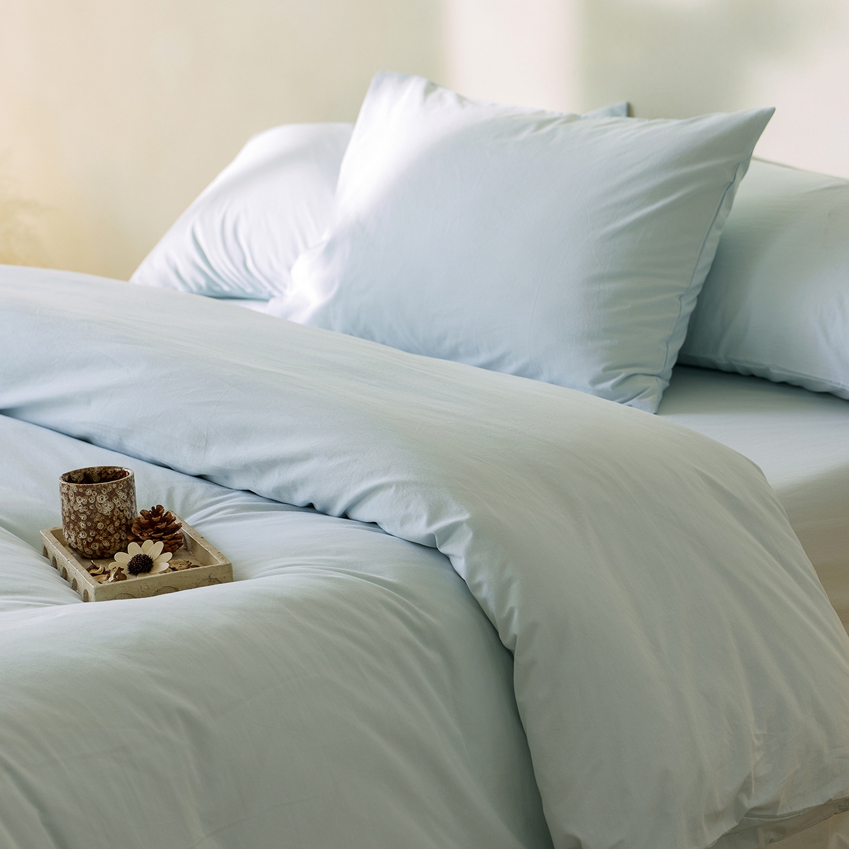 91家纺网 家纺一手货源 找家纺 轩和家居 2025新款全棉高支旧感砂洗长绒棉四件套 天空蓝