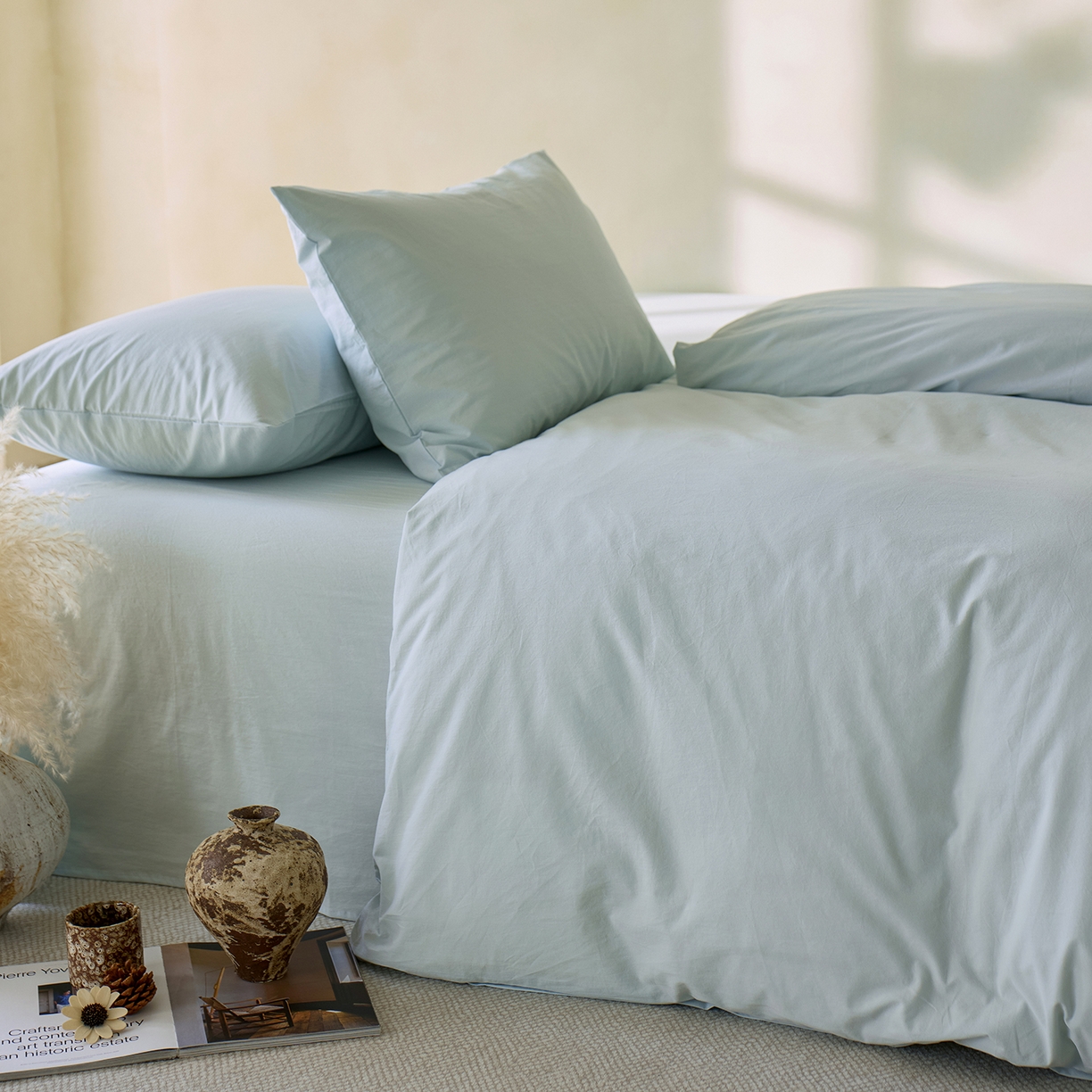 91家纺网 家纺一手货源 找家纺 轩和家居 2025新款全棉高支旧感砂洗长绒棉四件套 天空蓝