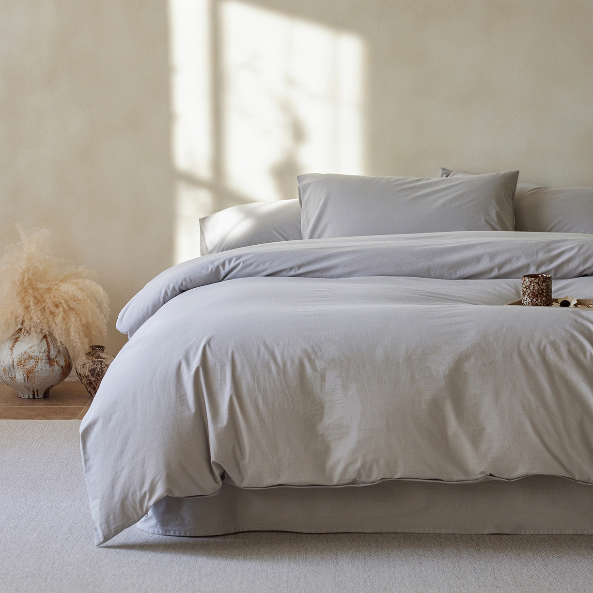 91家纺网 家纺一手货源 找家纺 轩和家居 2025新款全棉高支旧感砂洗长绒棉四件套 细雨灰